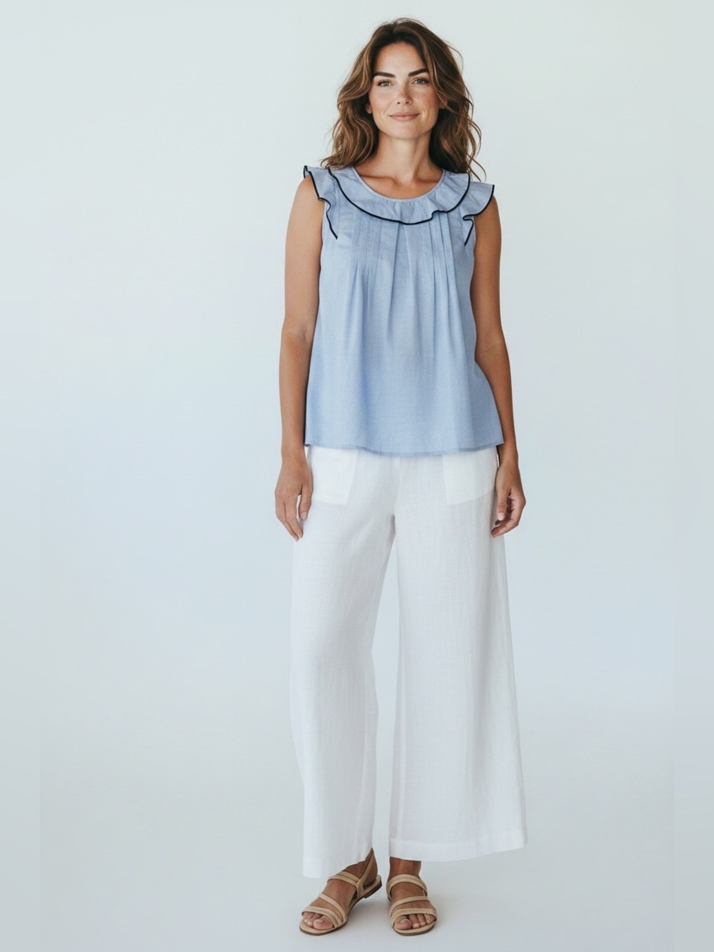 J.Crew Blue End-to-End Cotton Ruffle Neck Tank Top Navy Tipping Size 6